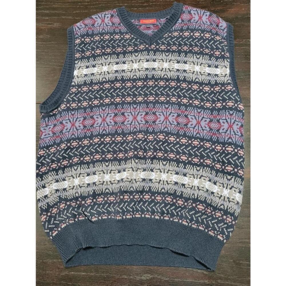 Austin Reed London Sweater Mens Large Blue Fair Isle 100% Cotton Golf Preppy